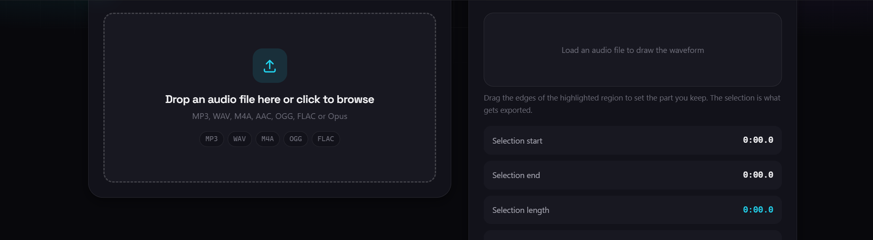 The Audio Trimmer tool, with its upload area and export settings