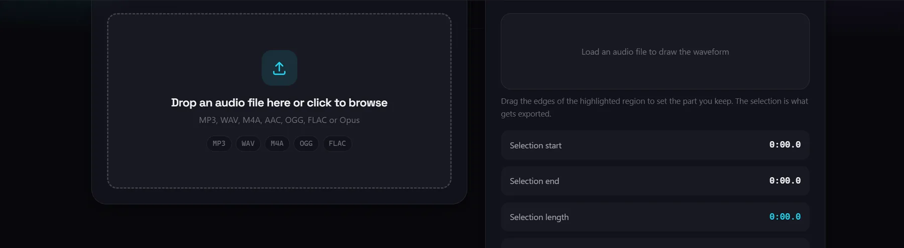 Das Tool Audio-Zuschneider mit seinem Upload-Bereich und den Export-Einstellungen