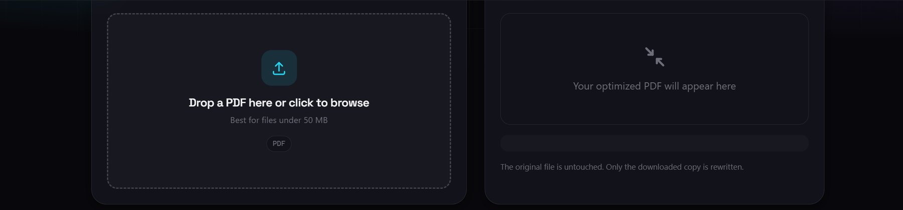 The Compress PDF tool in dark theme, showing the upload area for dropping a PDF and the settings panel before a file is added