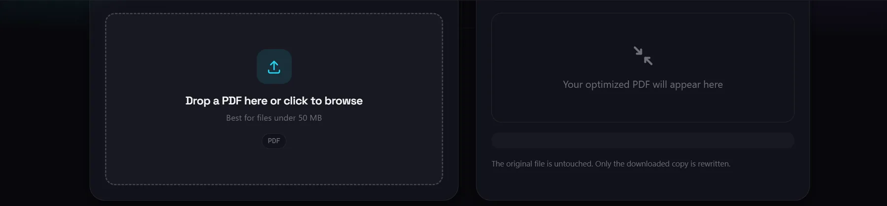 The Compress PDF tool, with an upload box on the left and a result panel on the right