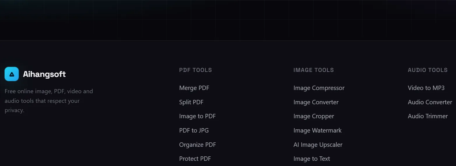 Eine Reihe von Bild-Tool-Karten auf der Aihangsoft-Startseite, jede Karte benennt, was das Tool macht