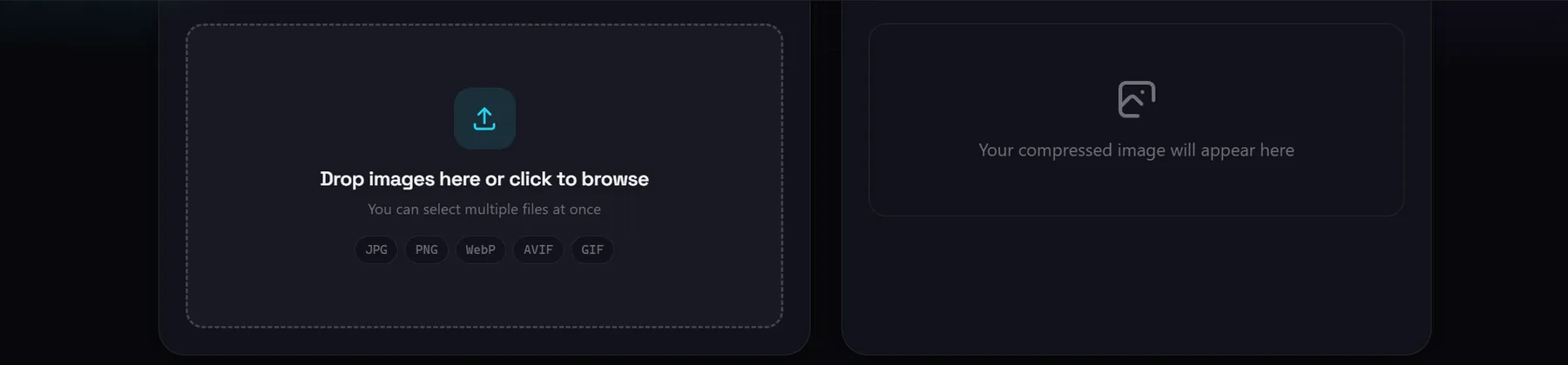 The Image Compressor tool, with a file drop box on the left and an empty result panel on the right