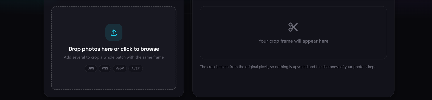 The Image Cropper tool, with its upload area and its aspect ratio and output settings