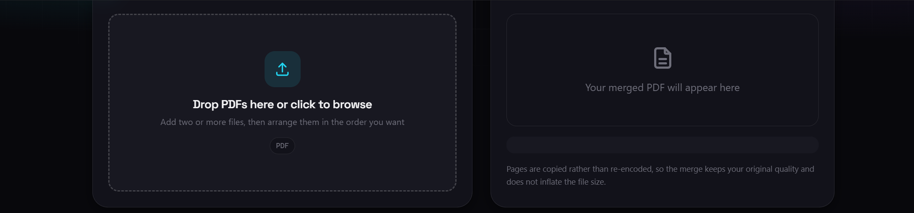 The Merge PDF tool in dark theme, showing the upload area for dropping PDFs and the settings panel before any file is added